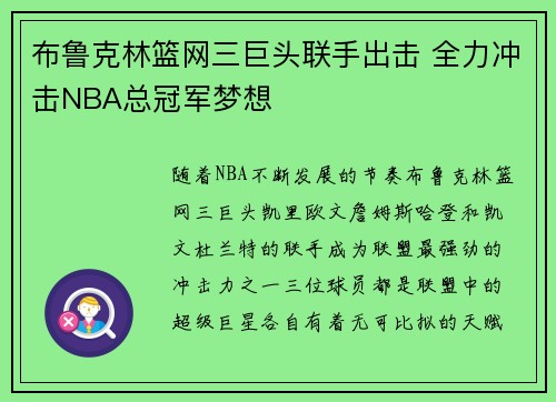 布鲁克林篮网三巨头联手出击 全力冲击NBA总冠军梦想