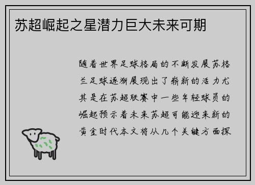 苏超崛起之星潜力巨大未来可期 苏超崛起之星潜力巨大未来可期